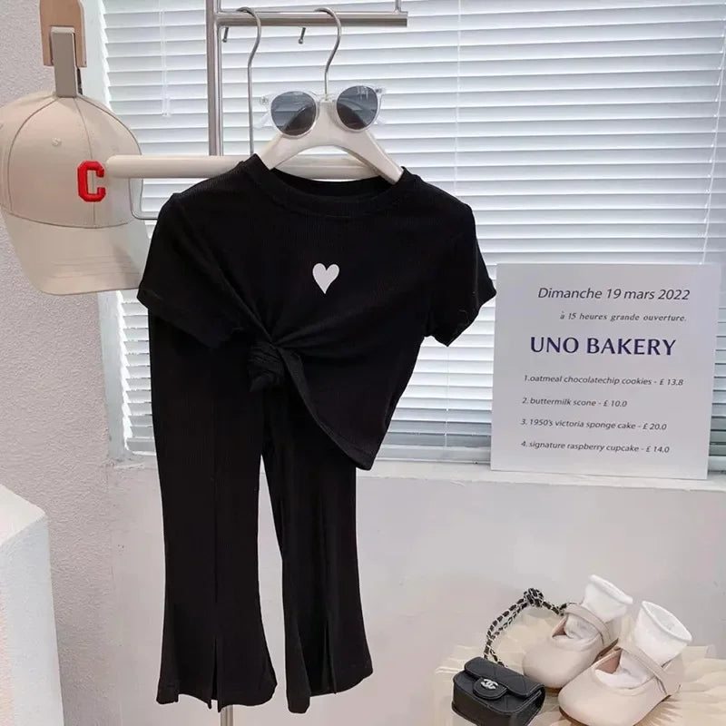 Summer Baby Girls Clothes Set Children Casual Tshirts and Flared Pants 2pc Outfits Kid Sweet Heart Print Top Bottom Cute Outfits