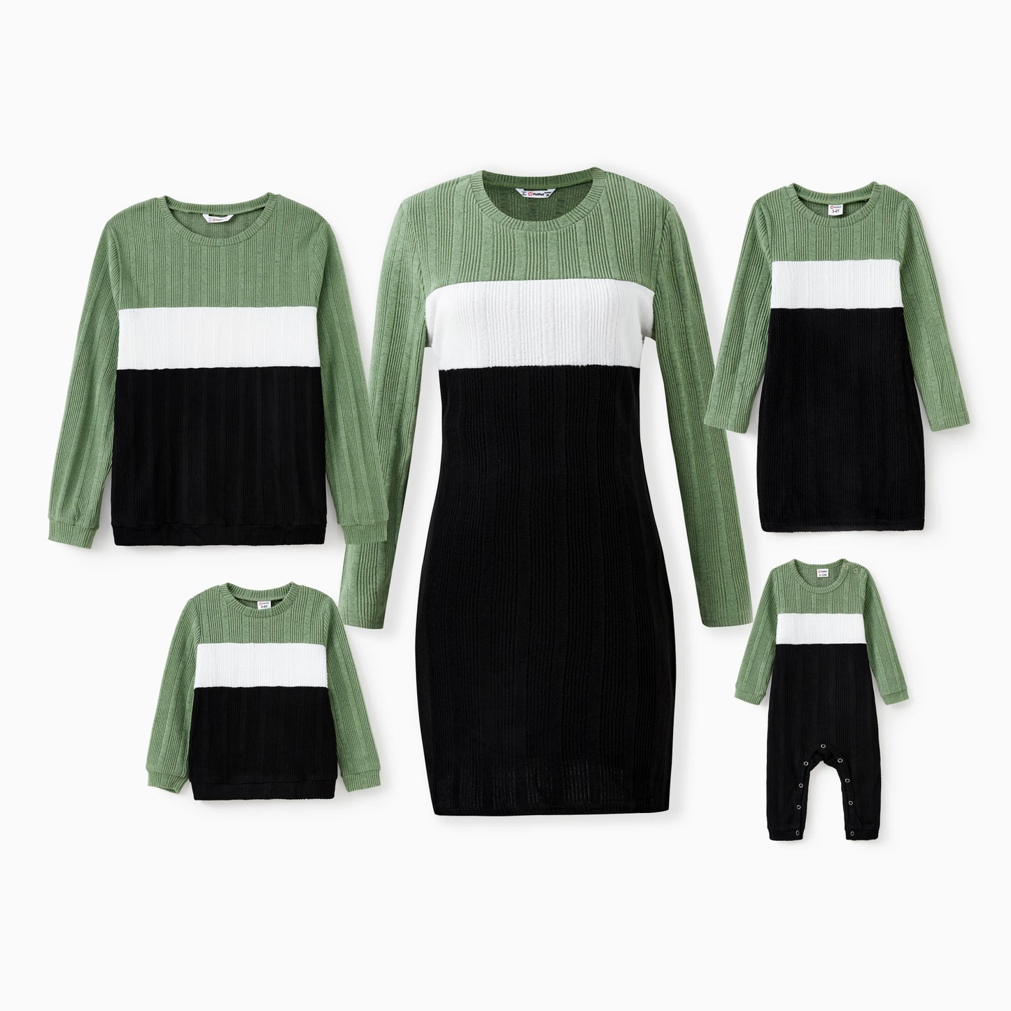 PatPat Family Matching Sets Green Color Block Long Sleeves Ribbed Tops/Dress/Romper