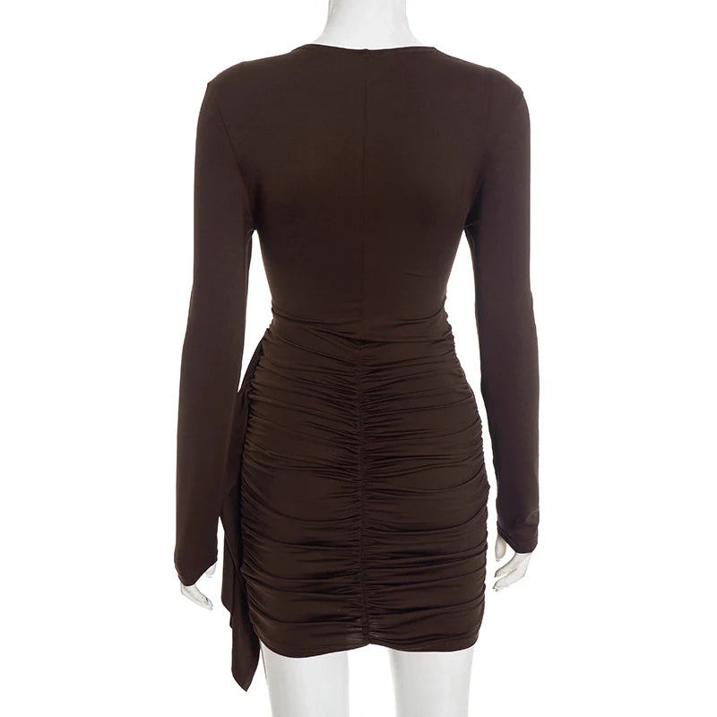 CUTENOVA Women'S Fall/Winter New Arrival Sexy Solid-Color Bodycon Gathered Ribbon Long-Sleeve Bodycon Chic Streetwear Dress