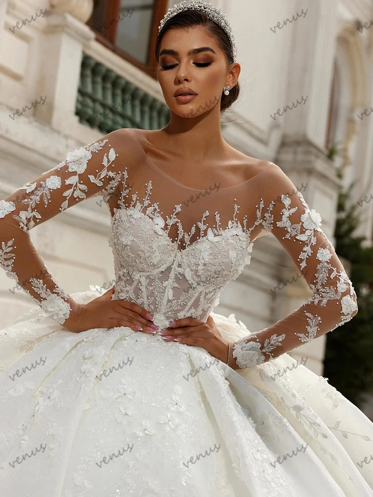 Vintage Wedding Dresses Charming Bridal Gowns Beading Appliques O Neck Full Sleeves Robes Glamorous Vestidos De Novia Customized