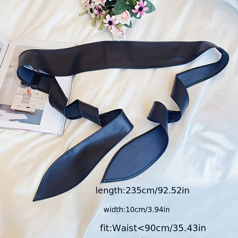 Black Bowknot Obi Belt  Lace Up Tied Knot Corset PU Wide Belts Cinch Waistband Elegant Dress Coat Girdle For Women