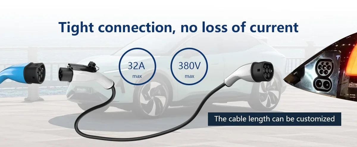 For wired charging stations Portable EV Charging Cable 32A 22KW 3 Phase Electric Car Charger 3.5KW 16A 1 Phase Anti-theft strap