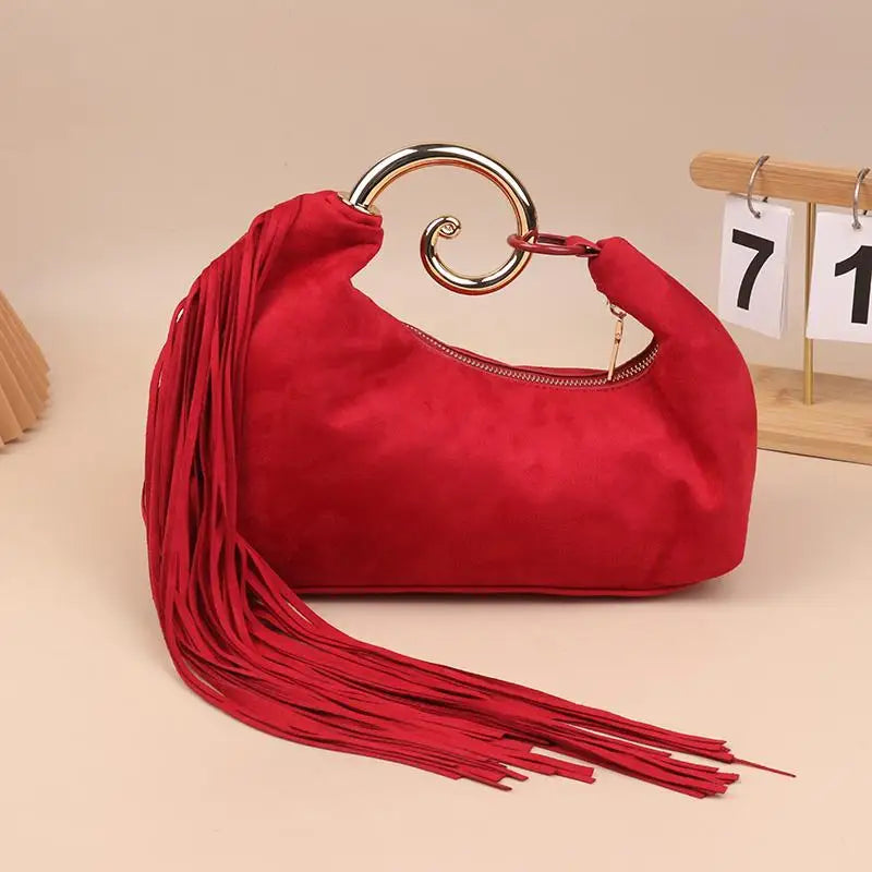 Trendy Vintage Evening Bags for Women, French Luxury Faux Suede Tassel Handbags with Durable Metal Handle