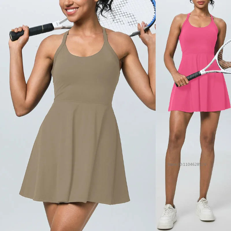 Summer Women Sexy Backless Tennis Dress Sleeveless A-lined Athletic Dress Built-in Bra & Shorts Ladies Elastic Workout Skirts