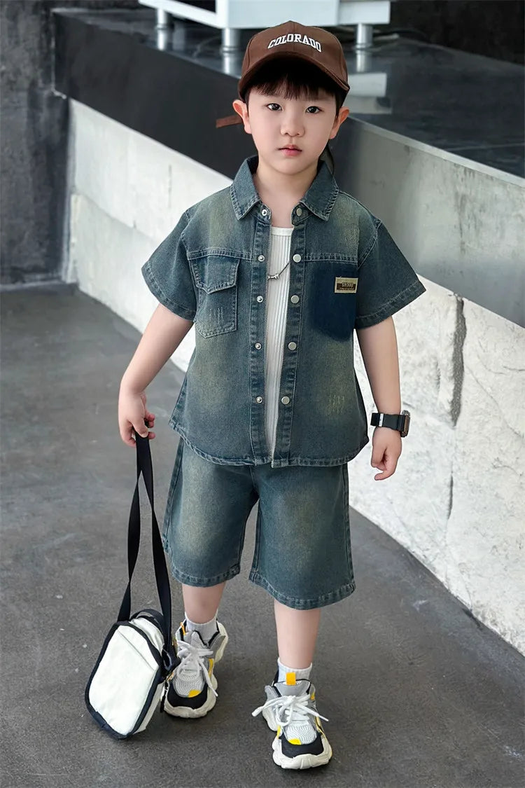 2025 Trendy Boys' Denim Set Vintage Wash Short Sleeve Shirt & Shorts 2-Piece Summer Outfit