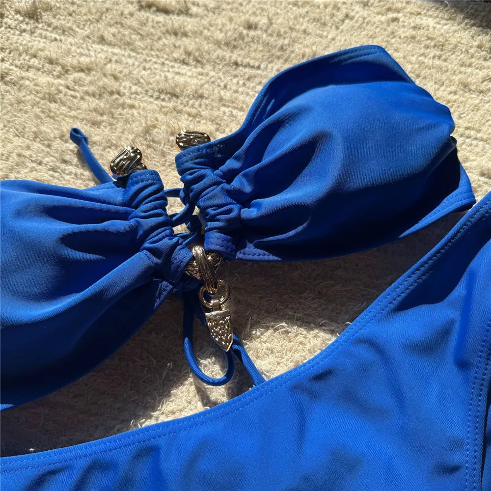 Metal Buckled Bandeau Black Bikinis Sets 3 Pieces Skirts Cover Ups Sexy Swimsuit Women 2026 Holiday Solid Swimwears Bikini Dames
