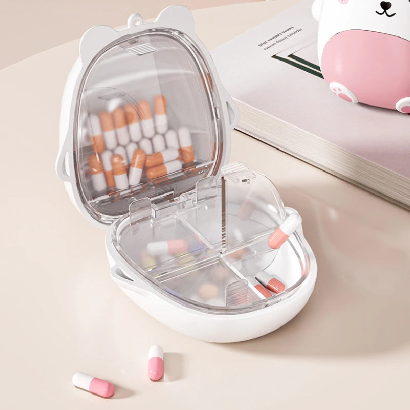 Cute Cartoon Bear Mini Pill Box 5 Independent Sealed Compartments Moisture-proof Portable Pocket Travel Medicine Tablet Storage