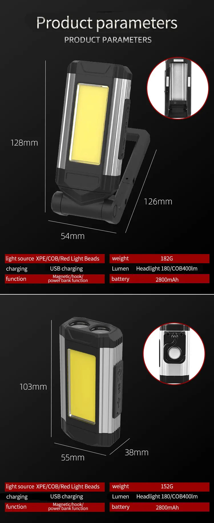 Portable COB Magnetic Work Light Rechargeable LED Flashlight Super Bright Camping Waterproof Car Repair Lamp with Brackets