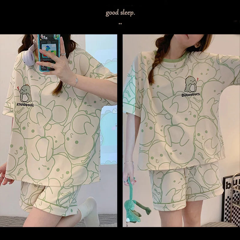 New Women's Pajamas Two-Piece Summer Thin Section Of Short-Sleeved Shorts Cute And Comfortable Milky Outwear Homewear Suit
