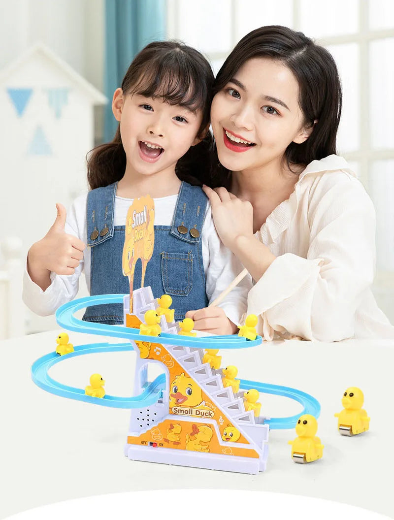 Electric Duck Track Rail Racing Slide Piggy Climbing Stairs Baby Toy LED Lights Musical Slide Roller Coaster Toys for Gift