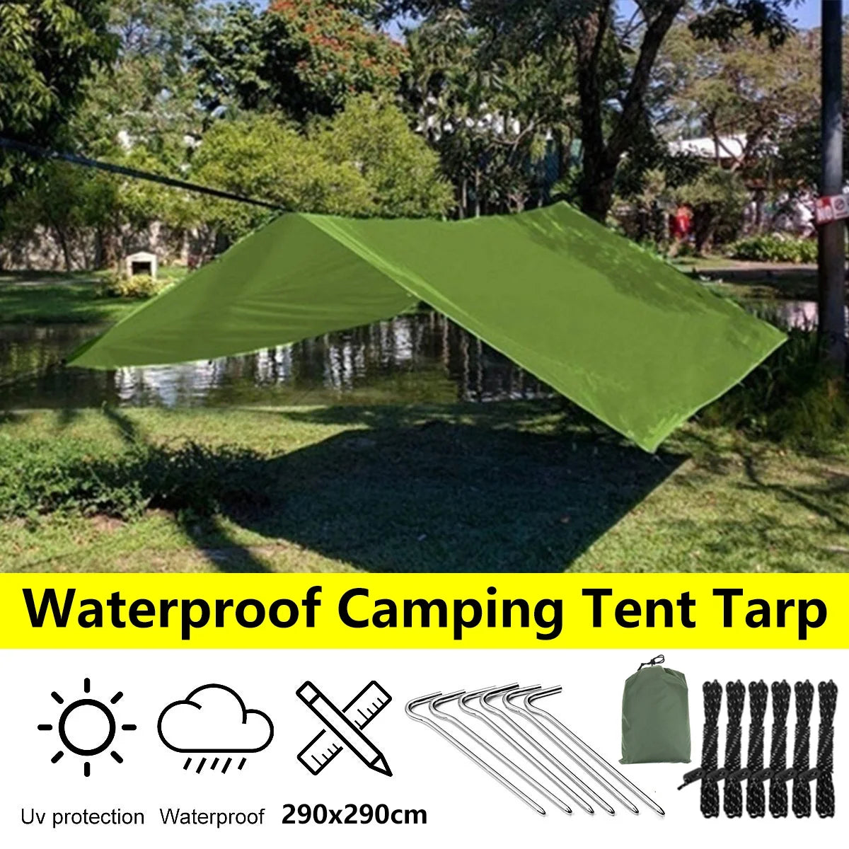290x290cm Lightweight Waterproof Outdoor Camping Tent Tarp Backpacking Shelter Sun Sail Shade Garden Plant Cover Canopy Awning