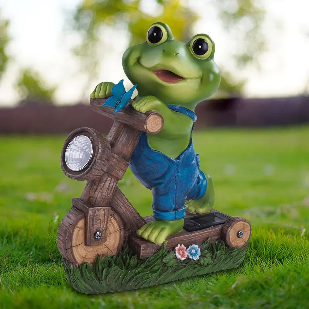 Resin Garden Frog Statue with Solar Light Frog Cycling Model Frog Ornaments Cute Animal Statue for Patio Lawn Yard Decoration