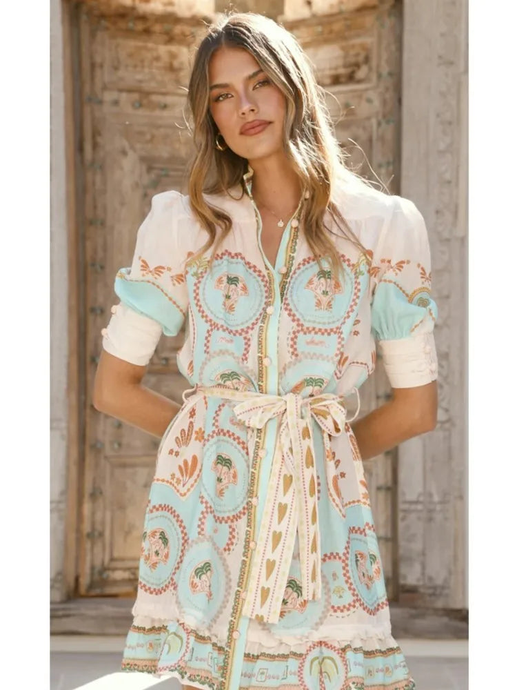 Summer Cover Ups Women Swimsuit Half Sleeve Robes Bathing Suit 2026 New Flower Print Beach Holiday Mini Dresses Cover-Up