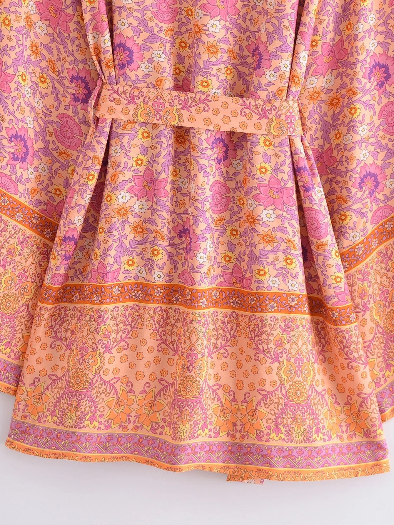 BOHO Women Blue With Pink Flower Print Kimono Shirt Holiday Tide Bow Sashes Mid Long Cardigan Summer Blouse Beach Cape
