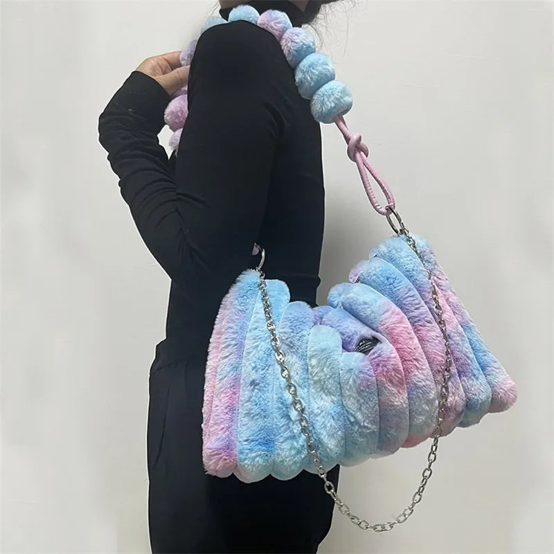 Women's Large Plush Tote Bag with Crossbody/Handheld Carry Soft Striped Plush Exterior Cozy Handbag for, Travel, Everyday Use
