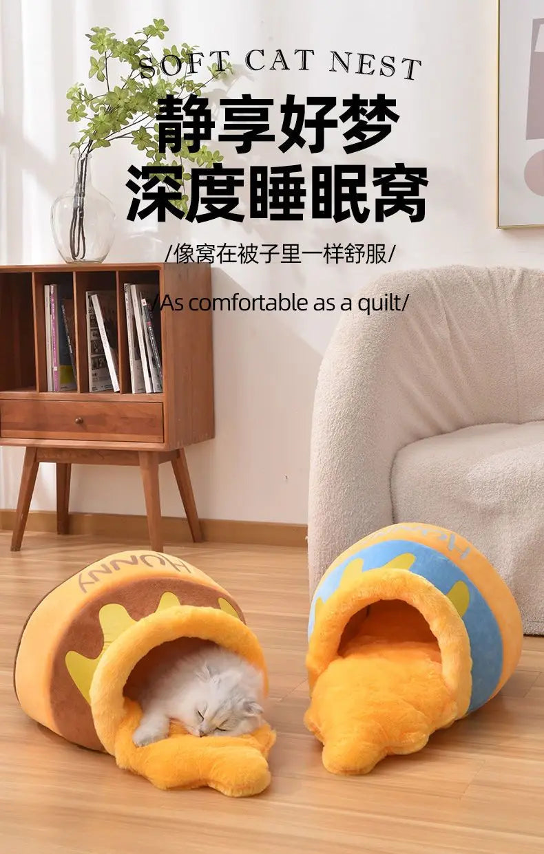 Autumn/Winter Trendy Honey Jar Cat House - Enclosed and Insulated Small Dog Kennel for All Seasons Pet Bed
