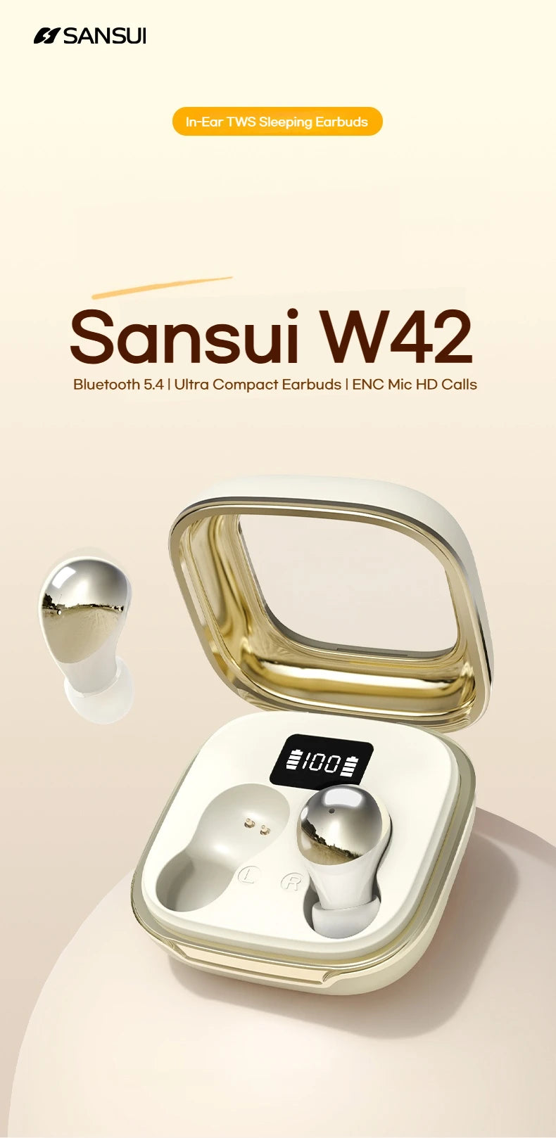 Sansui W42 Sleeping Earphones Wireless Bluetooth TWS Earbuds Invisible in-Ear Bluetooth 5.4 Headsets Physical Noise Reduction