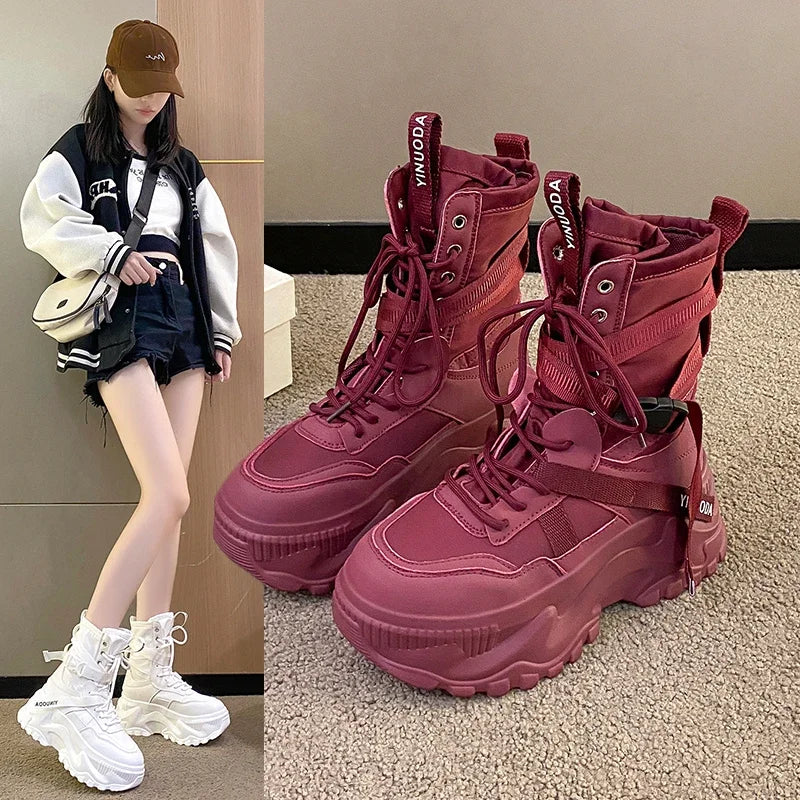 Hot Fashion Women Chunky Platform Motorcycle Boots White Lace Up Thick Bottom Shoes Woman Autumn Winter Ankle