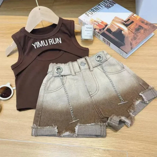 Girls' Summer Clothing Set 2025 New Children's Tank Top Denim Shorts Two Piece Set Girls' Elegant Summer Fashion
