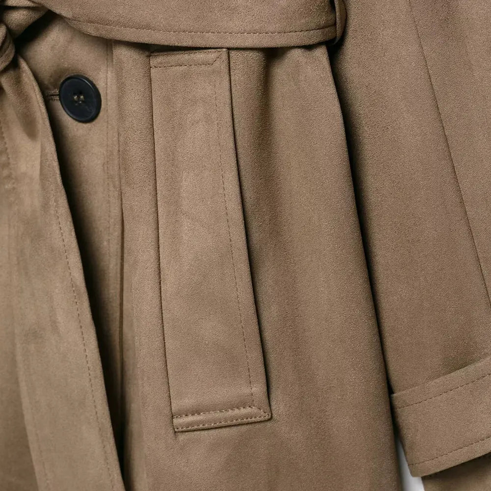 Women Fashion With Belt Faux Suede Trench Coat Long Sleeve Double-breasted Female Outerwear Chic Tops