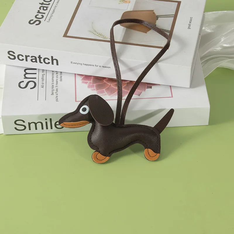 Cute Dachshund Bag Pendant PU Leather Puppy Dog Keychain Sweet Girls Women Bag Phone Pendant Trinket Car Key Ring Gift