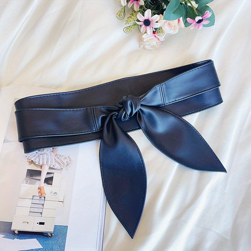 Black Bowknot Obi Belt  Lace Up Tied Knot Corset PU Wide Belts Cinch Waistband Elegant Dress Coat Girdle For Women