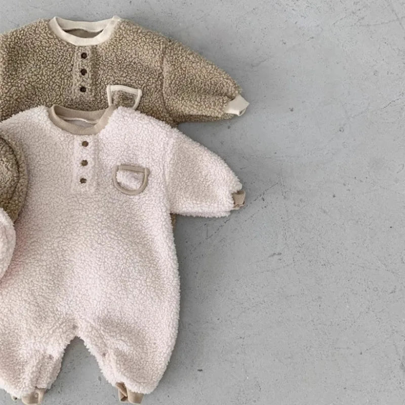 2026 Winter New Baby Warm Berber Fleece Romper + Hat Newborn Toddler Plus Velvet Thick Long Sleeve Jumpsuit Boy Girl Clothes