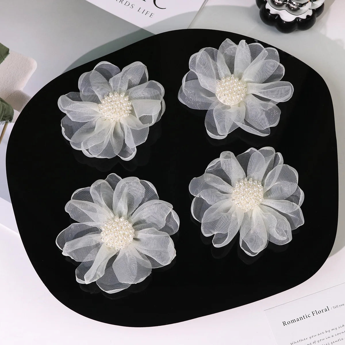 Fabric Hair Accessories For Clothing Bags Decorative Parches Applique Pearl In Center 3D ROSE Burnt Tulle Organza Hair Flower