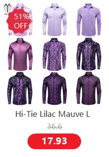 Hi-Tie Pure Black Silk Mens Shirts Plain Smooth Long Sleeve Formal Dress Blouse for Male Wedding Business Events Oversized Gift