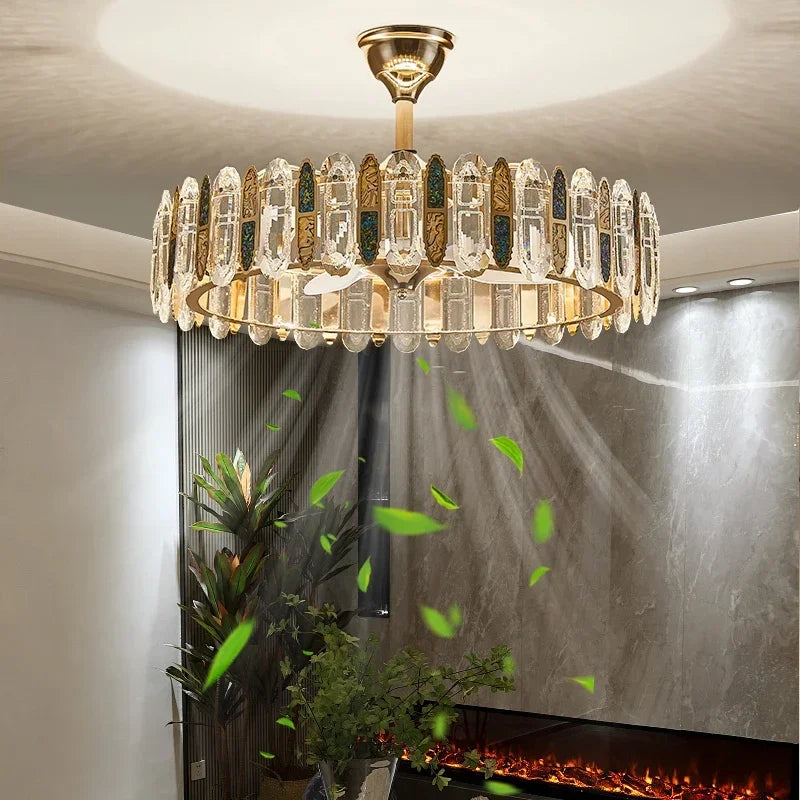 Crystal Ceiling Fan Lamp Modern Living Room Dining Room Remote Integrated Ceiling Fan Light Home Bedroom Study Silent Fan Lights