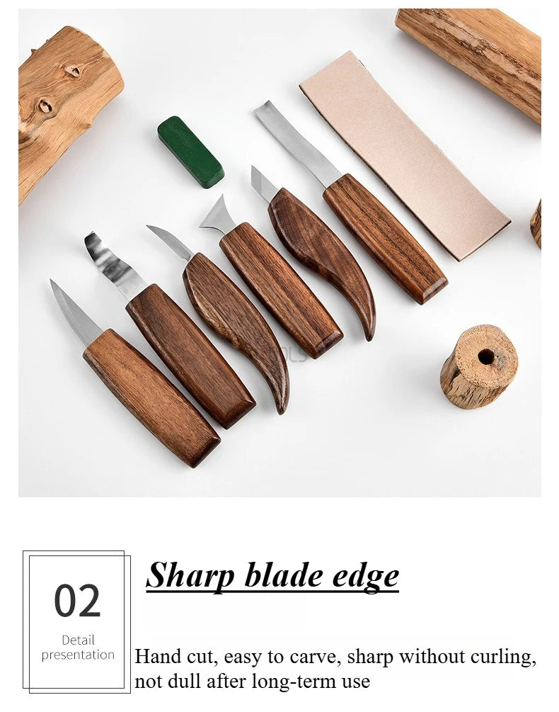 Woodworking Tools Professional Square Handle Woodcarving Vintage Leather Set 12 Pieces Furniture Detail Relief Project Essential