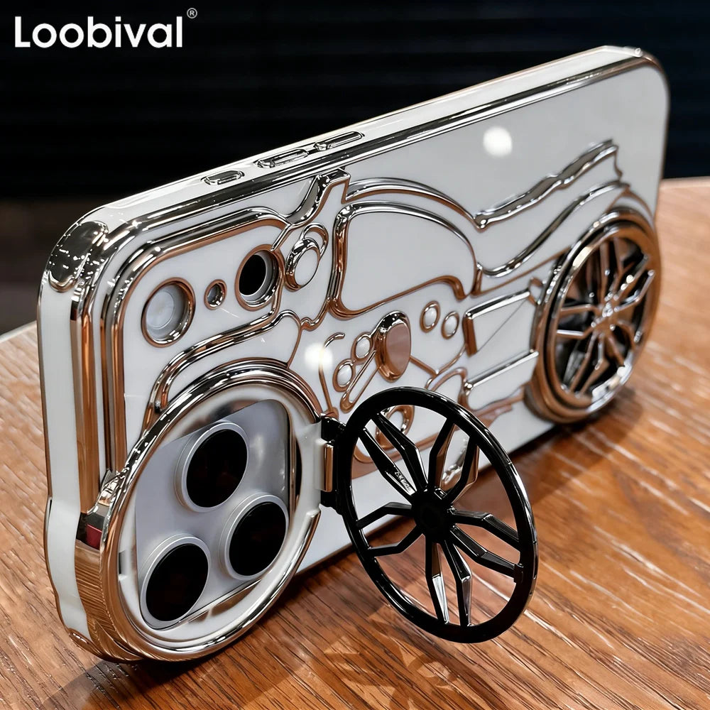 Motorcycle 3D Flip Up Bracket Lens Protection Case for iPhone 12 13 14 15 Plus 16 17 Pro Max Airbag Shockproof Solid Color Cover