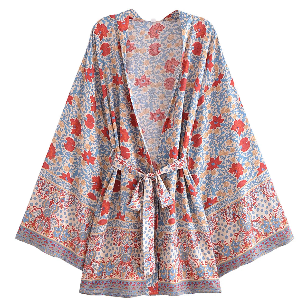 BOHO Women Blue With Pink Flower Print Kimono Shirt Holiday Tide Bow Sashes Mid Long Cardigan Summer Blouse Beach Cape