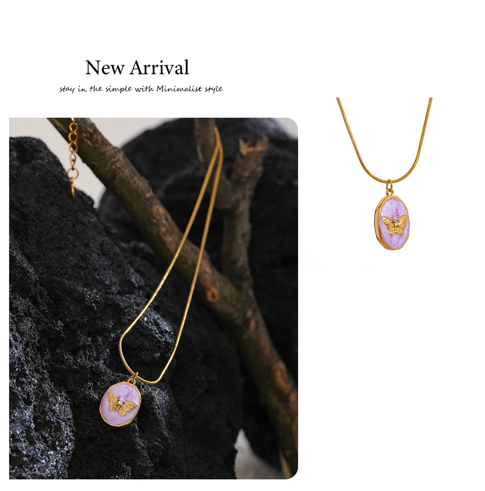 Yhpup Pink Enamel Butterfly Gilding Geometric Pendant Stainless Steel Collar Fashion Necklace for Women Korean Chic Jewelry Gift