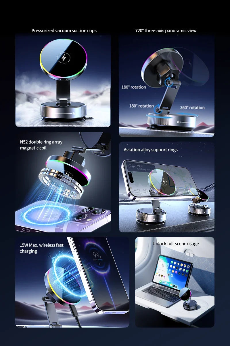 15W Vacuum Suction Magnetic Wireless Charger Car Phone Holder Mount 360 degree Rotatable Compatible with Smartphones for iPhone