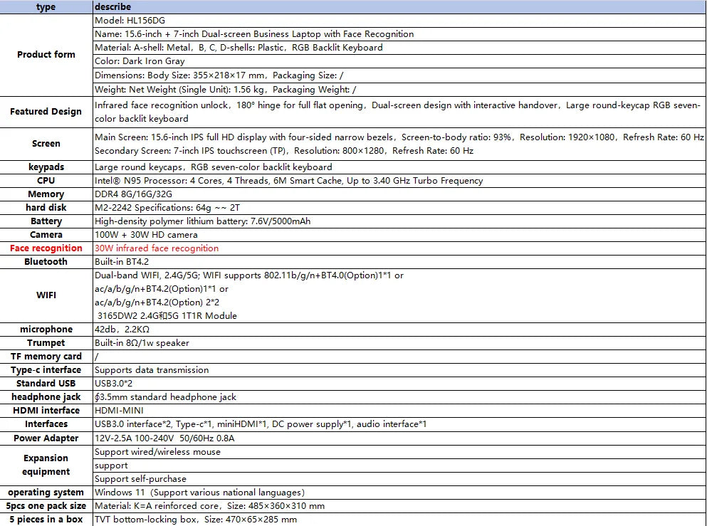 CARBAYTA 15.6"+7" Dual Screen Laptop Intel N95 32GB 16GB DDR4 RGB Backlit Keyboard Computer Notebook Laptops 7" Touch Screen