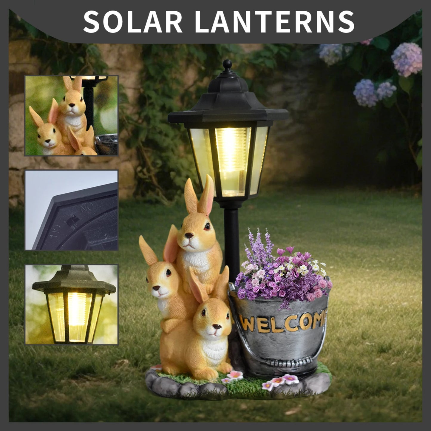 Cartoon Cute Rabbit Solar Garden Light Ornament Creative Resin Animal Sculpture Outdoor Solar Light Garden Path Landscaping Deco