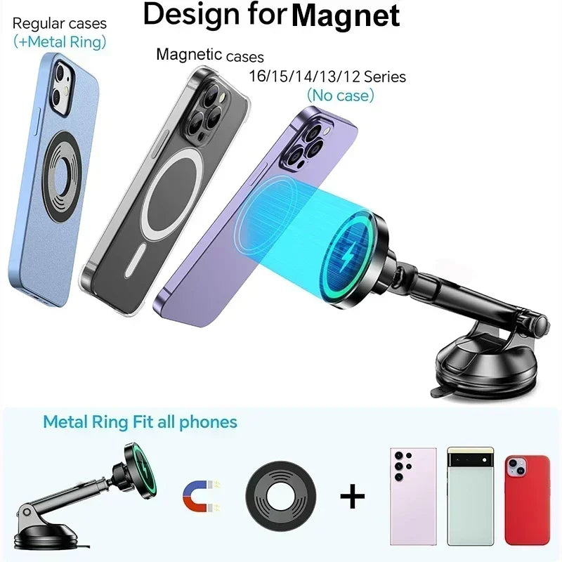 UYUXIO Magnetic Wireless Car Charger Windshield Dash 15W Fast Charging Adapter for iPhone 17 16 15 14 13 Car Mount Phone Holder