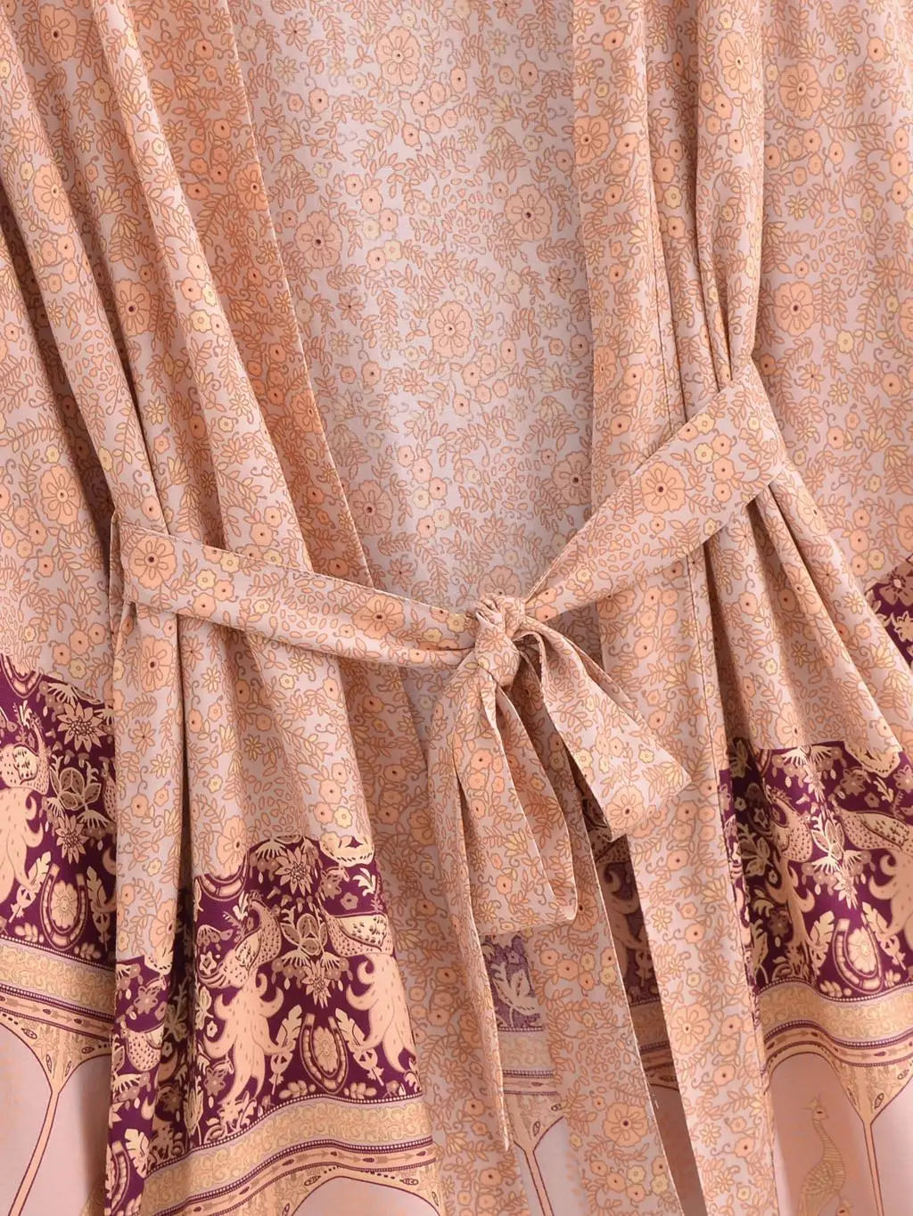 BOHO Women Blue With Pink Flower Print Kimono Shirt Holiday Tide Bow Sashes Mid Long Cardigan Summer Blouse Beach Cape