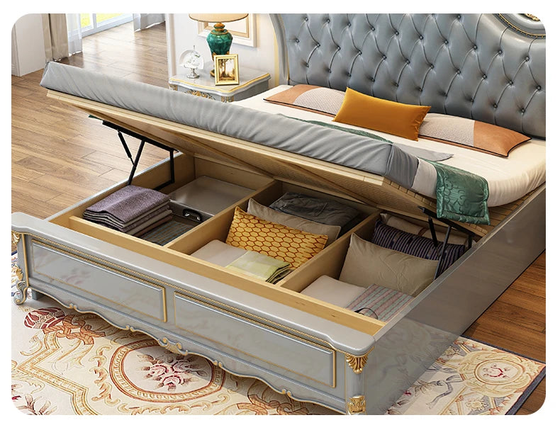 Vintage Modern Bed Multifonction Nordic Unique Queen French Bed Lounge Woode Headboard Camas Matrimonial Bedroom Furniture