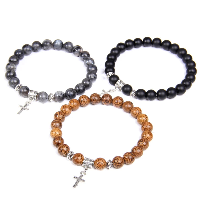 Cross Pendent Stretch Bracelet Natural Grey Map Labradorite Turquois Stone Bead Bracelet Prayer Bangle Men Vintage Jewelry Gift