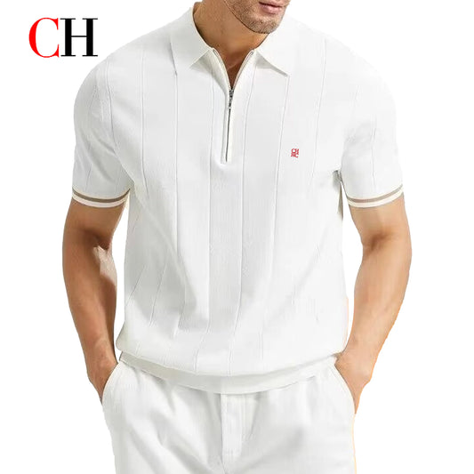 CH Luxury Men Turn Down Collar Knit Polo Half Zipper Vertical Texture Red Logo Embroidery Summer Male Business Gentleman Tee