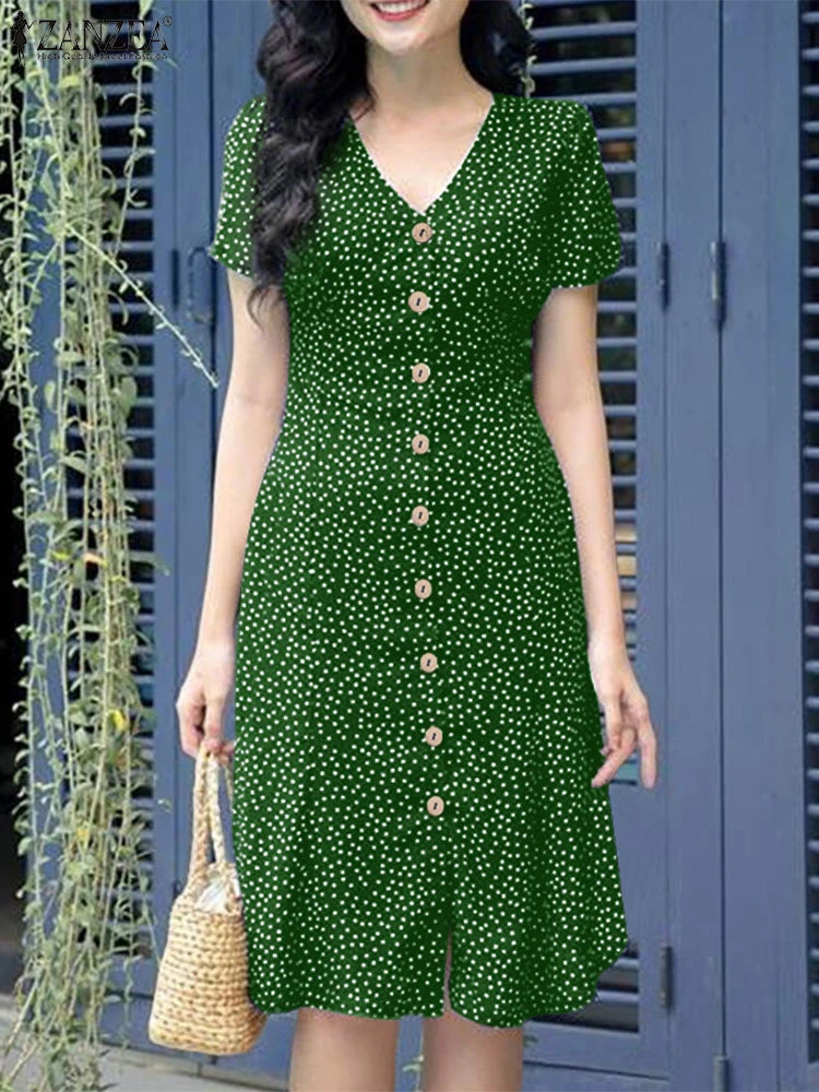 ZANZEA Women Summer Casual Dress 2025 Short Sleeve Polka Dot Bohemian Holiday Sundress V-Neck Loose Buttons Beach Vestidos Robe