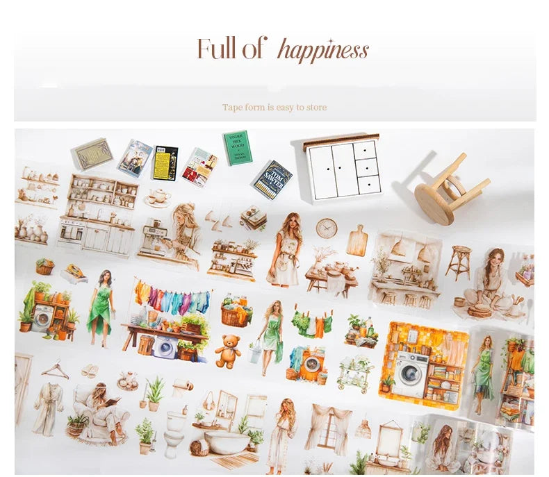 JIANWU 60mm*200cm Weekend Daily Series Vintage Character Life Landscaping Material Collage PET Tape Creative Journal Stationery