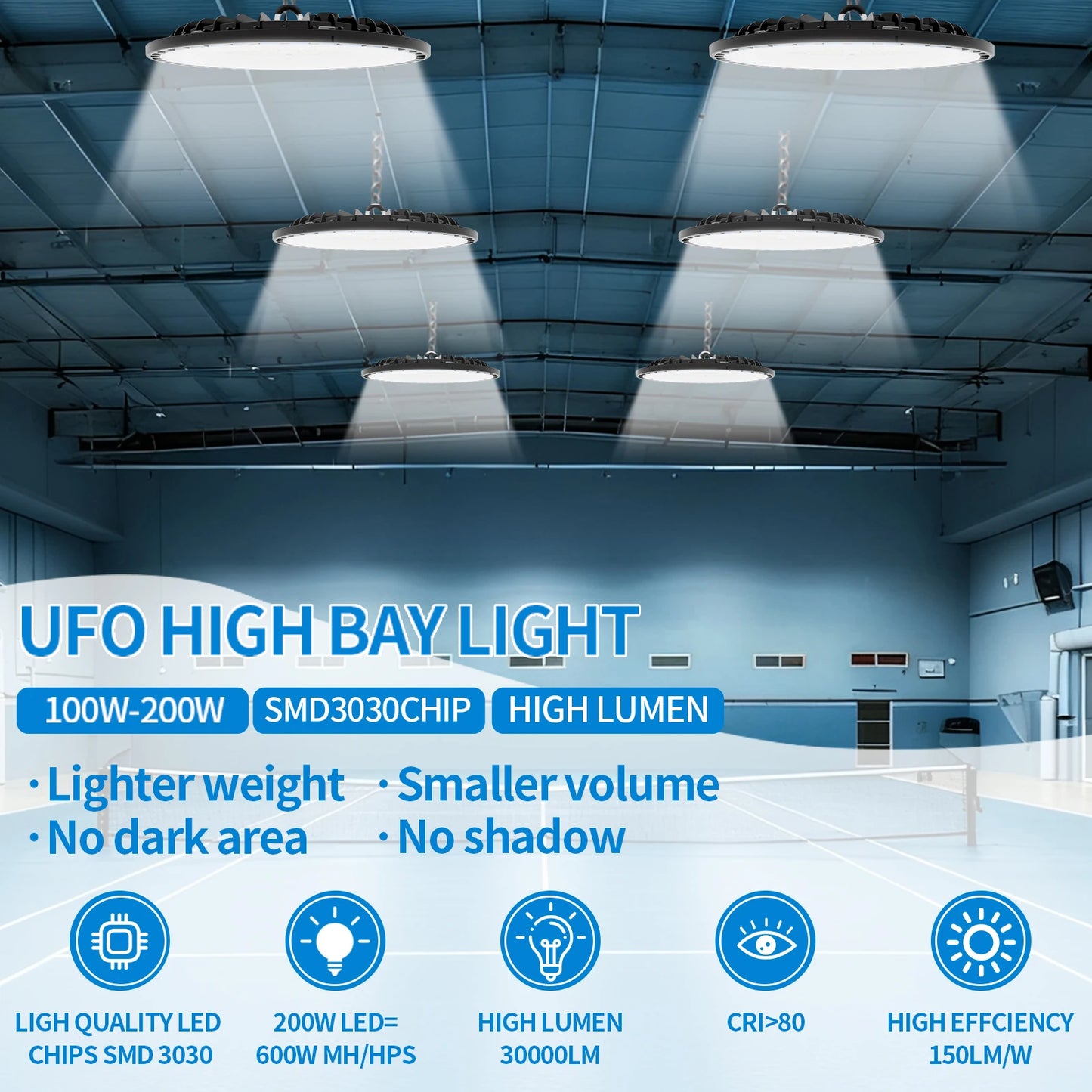4-Pack 100-200W 30000LM UFO LED High Bay Light, 120° Wide Beam Angle, 5000K Daylight White, IP65 Waterproof Commercial Warehouse