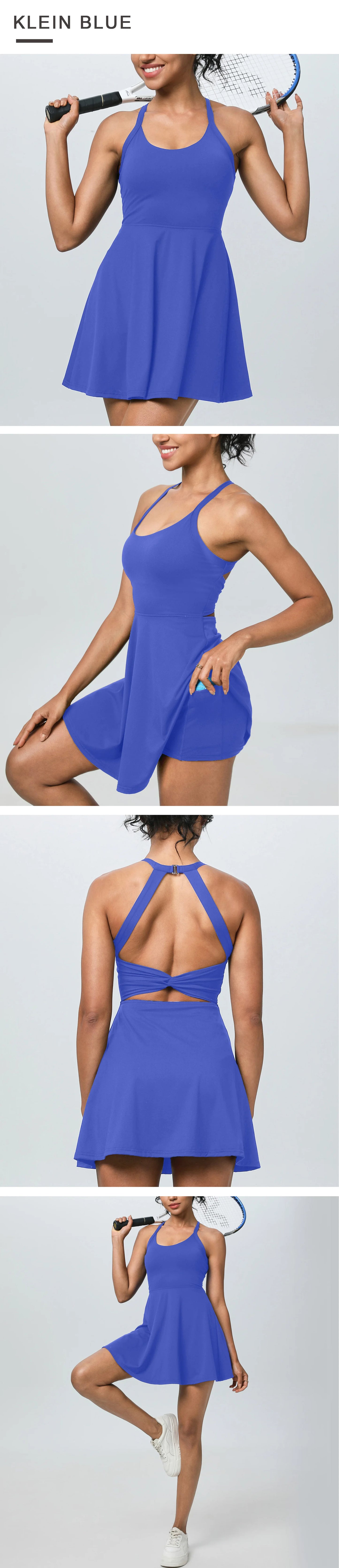 Summer Women Sexy Backless Tennis Dress Sleeveless A-lined Athletic Dress Built-in Bra & Shorts Ladies Elastic Workout Skirts