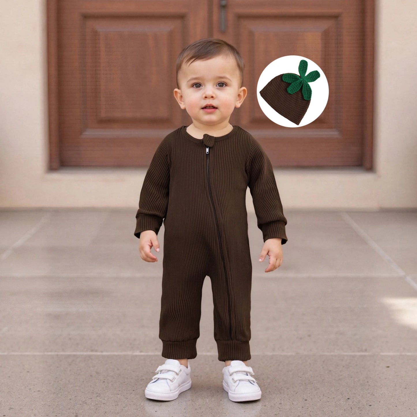 Infant Baby Boy Halloween Outfit Little Mandrake Jumpsuit Long Sleeve Ribbed Zipper Romper with Knit Hat Magic Baby Outfit