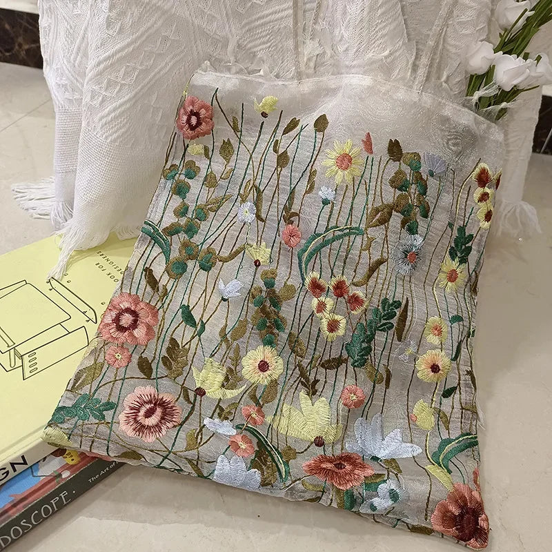 1Pc Fashion Tote Summer New Style Mesh Full Embroidery Flowers Clear Shoulder Bag Romantic Handbag Women's Eco Shopping Bag 2025