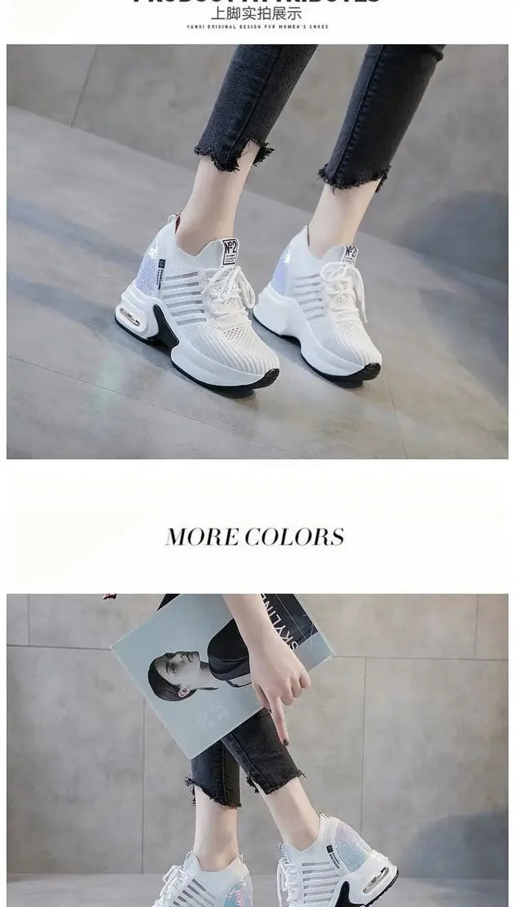 2025 Women's Sneakers Spring Sequined Casual Shoes Woman Platform Heels Wedges Height Increasing Knitted Ladies Vulcanized Shoes