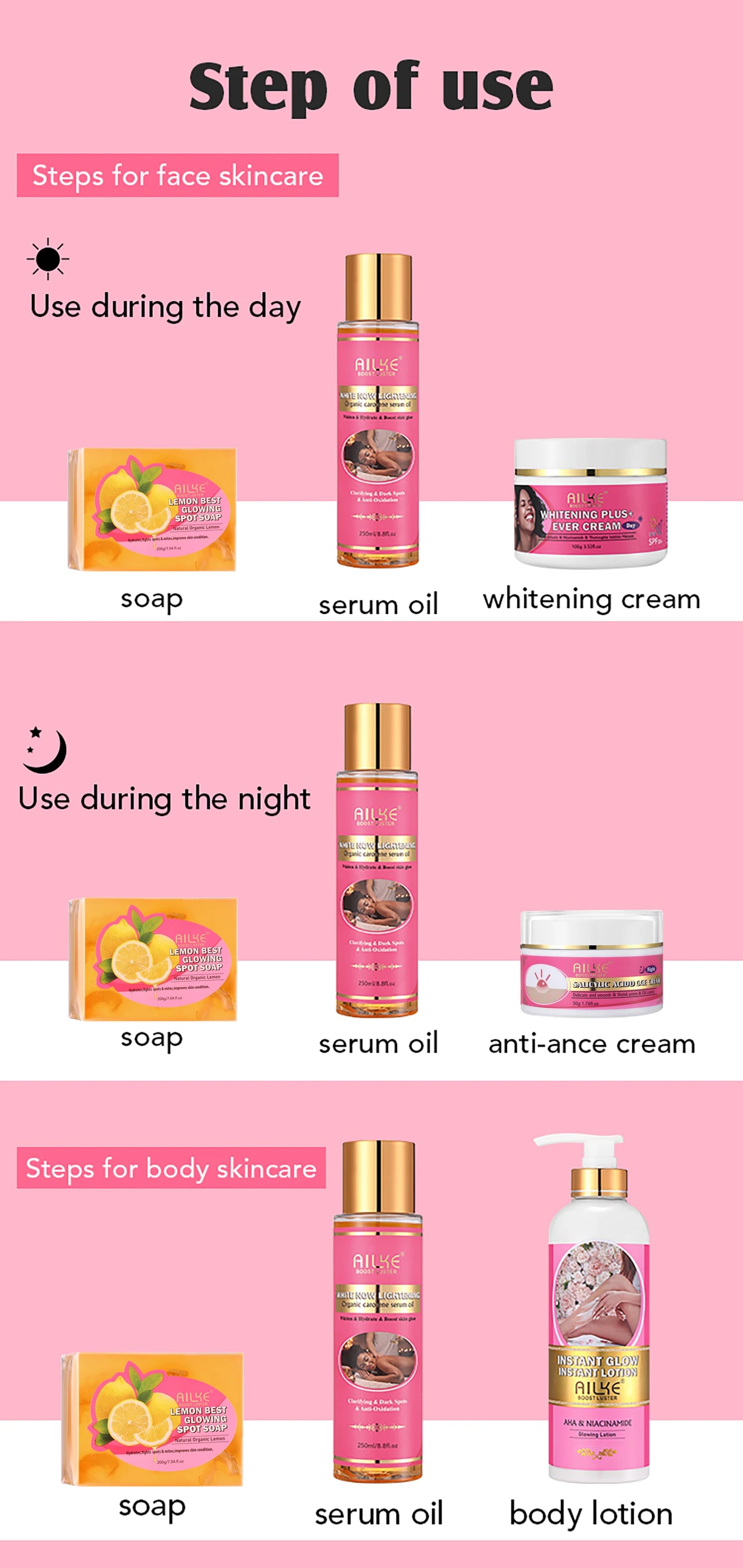 AILKE Natural Whitening Skin Care Set For All Skin Types, Remove Stubborn Acne, Dark Spots Kit, Reduce Melanin, Pigmentation